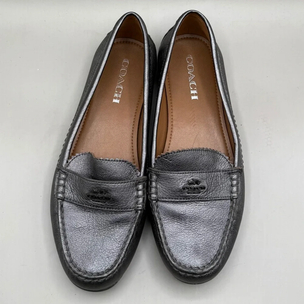 Coach Odette Loafers Womens 8B Metallic Pebbled Leather Gunmetal Silver